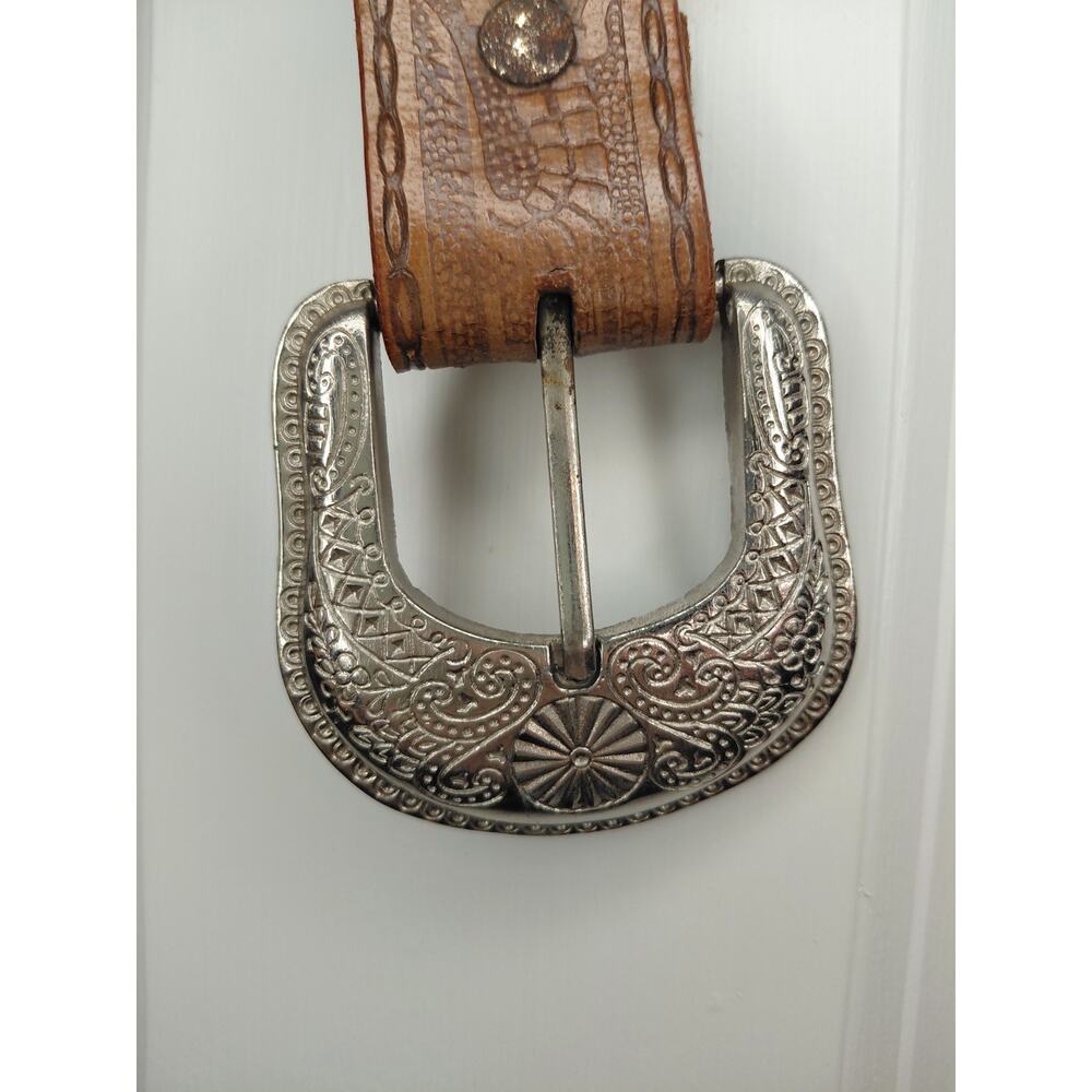 Vintage Lacoste Tooled Leather Western Belt Brown Croc Embossed Silver Buckle 38 - Picture 9 of 16